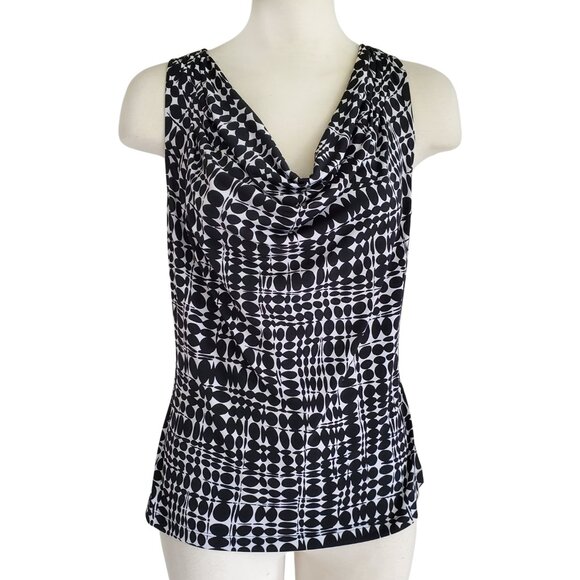 Calvin Klein Mod Print BW Drape Neck Sleeveless Blouse Great for Under Suit - Picture 1 of 10